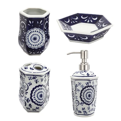 Blue & White Ornate 4-pc. Bathroom Accessories Set