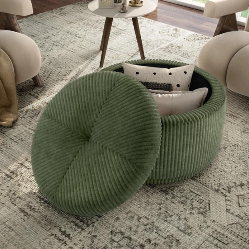 Green Corduroy Round Tufted Storage Ottoman