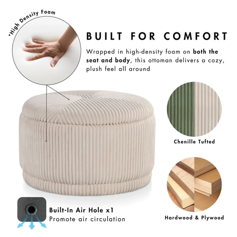 Green Corduroy Round Tufted Storage Ottoman