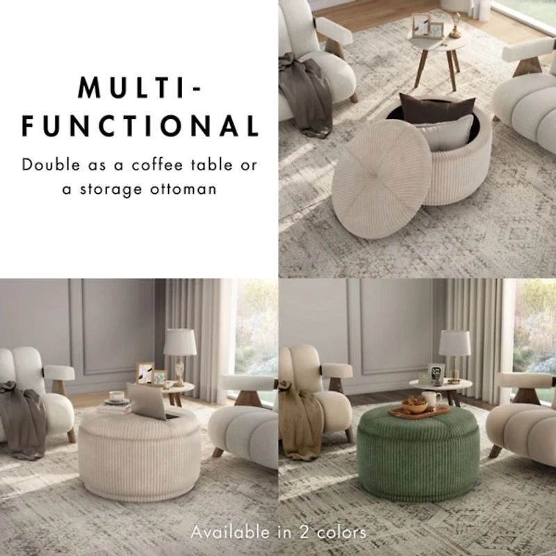 Green Corduroy Round Tufted Storage Ottoman