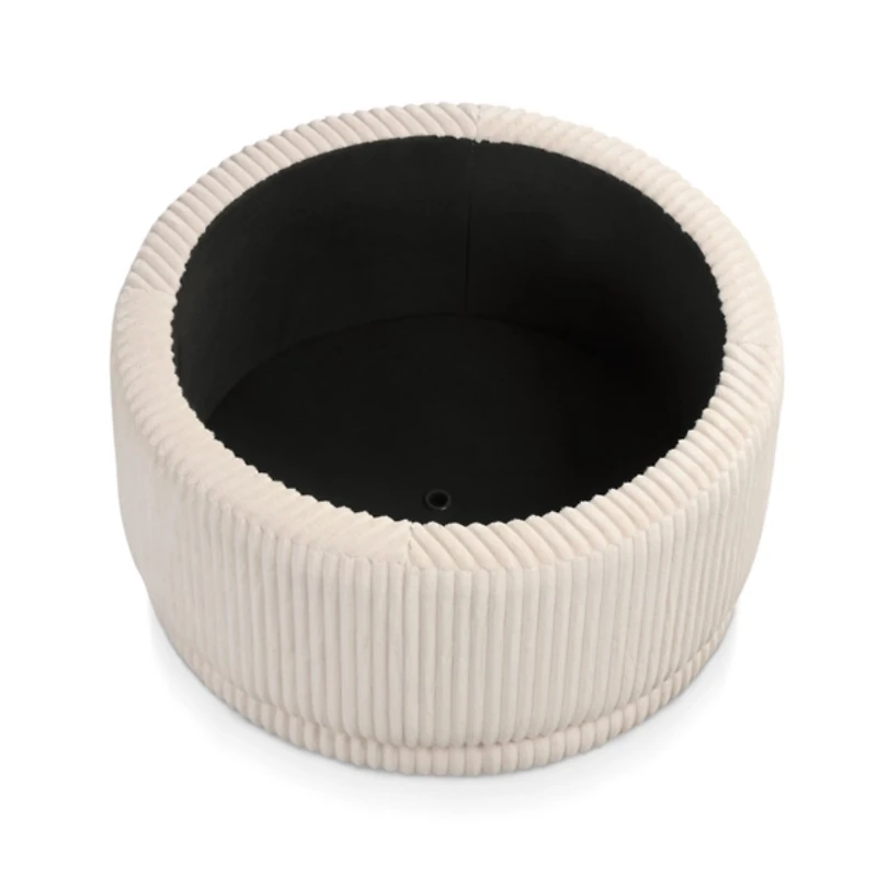 Beige Corduroy Round Tufted Storage Ottoman
