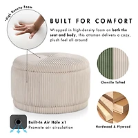 Beige Corduroy Round Tufted Storage Ottoman