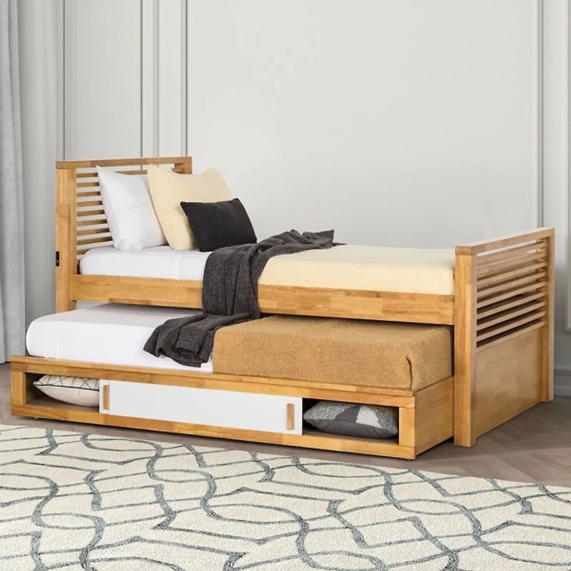 Light Oak Wood Twin Trundle Bed with Storage