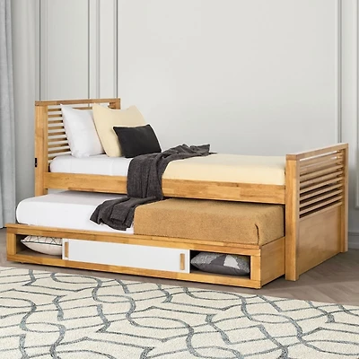 Light Oak Wood Twin Trundle Bed with Storage