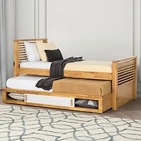 Light Oak Wood Twin Trundle Bed with Storage