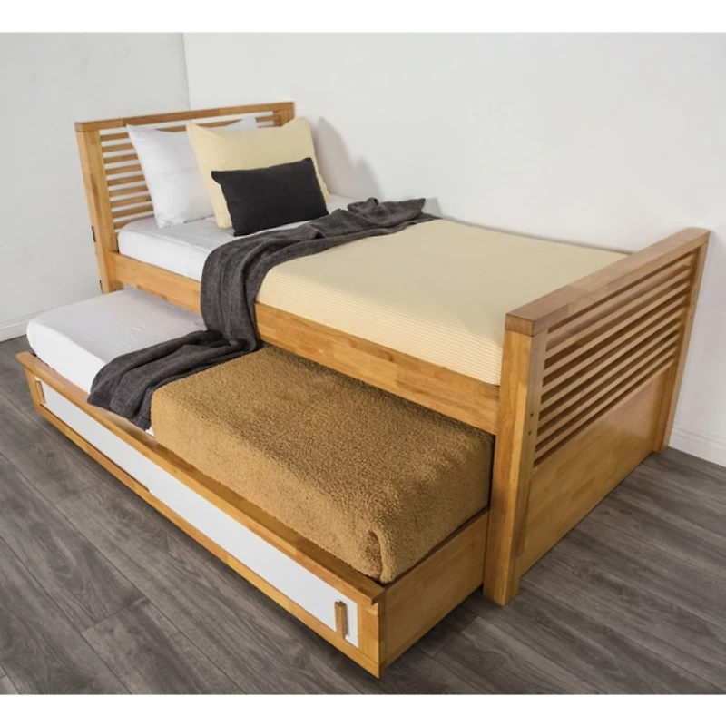 Light Oak Wood Twin Trundle Bed with Storage