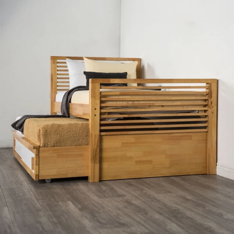Light Oak Wood Twin Trundle Bed with Storage