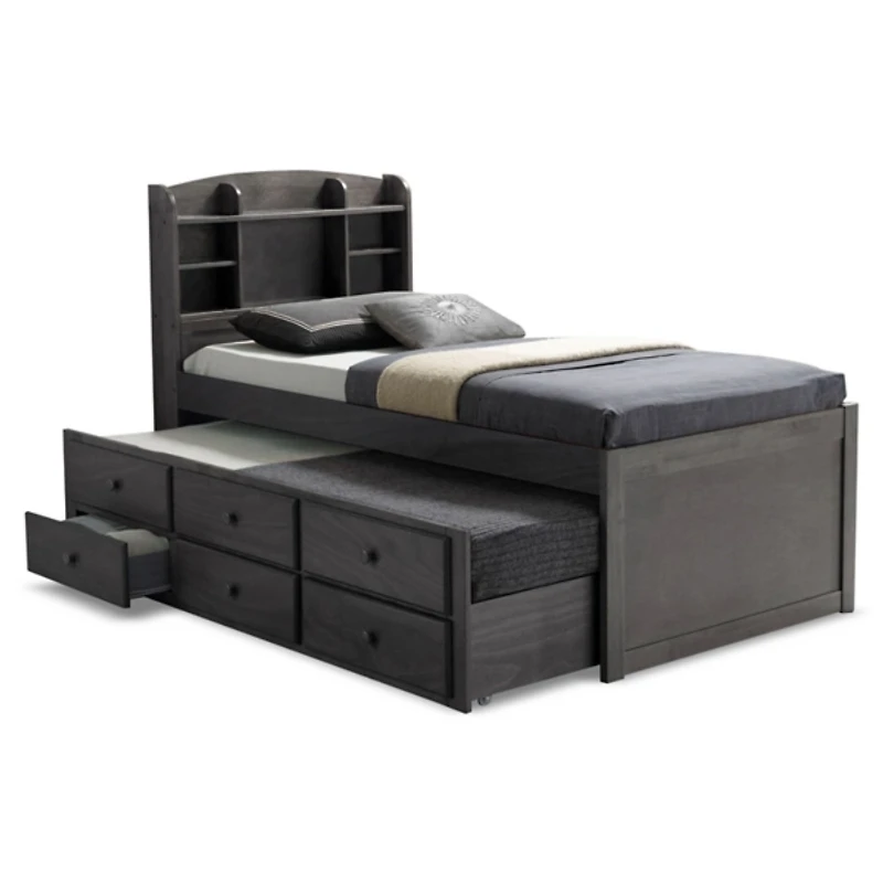 Gray Wood Twin Trundle Bed with Storage