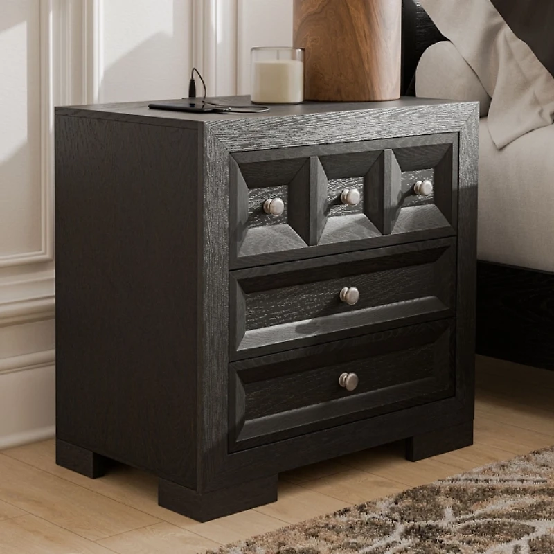 Black Weathered Wood Modern Charging Nightstand