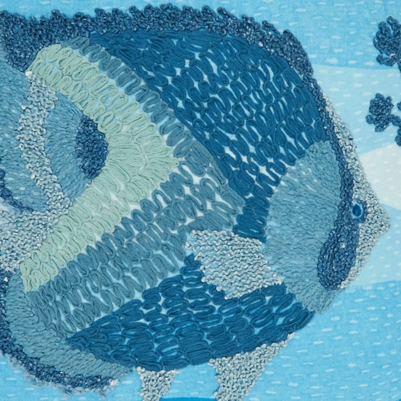 Blue Embroidered Fish Outdoor Pillow