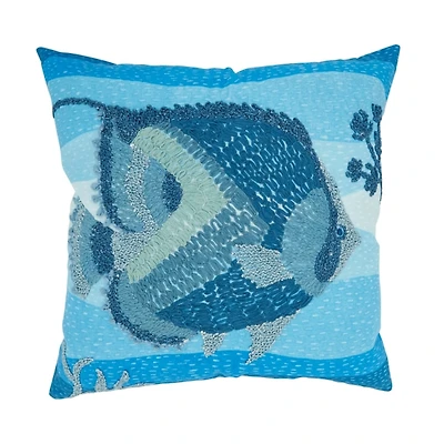 Blue Embroidered Fish Outdoor Pillow