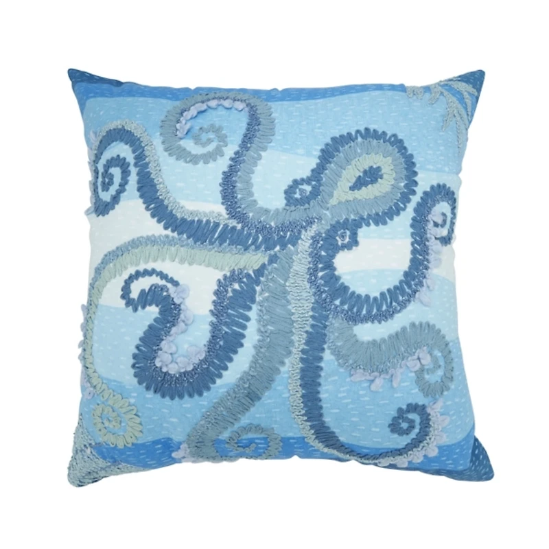 Blue Embroidered Octopus Outdoor Pillow