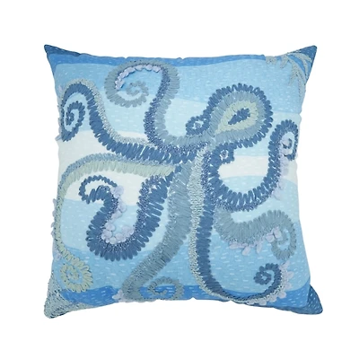 Blue Embroidered Octopus Outdoor Pillow