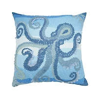 Blue Embroidered Octopus Outdoor Pillow