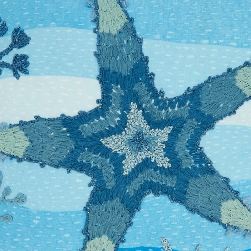 Blue Embroidered Starfish Outdoor Pillow