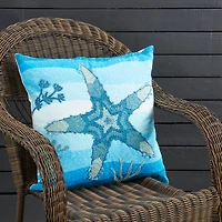 Blue Embroidered Starfish Outdoor Pillow