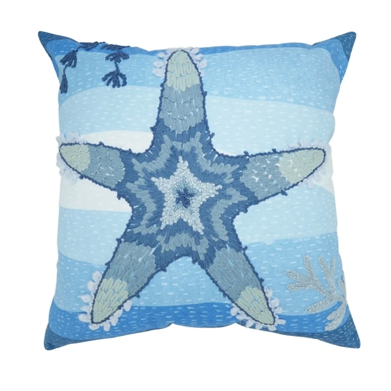 Blue Embroidered Starfish Outdoor Pillow