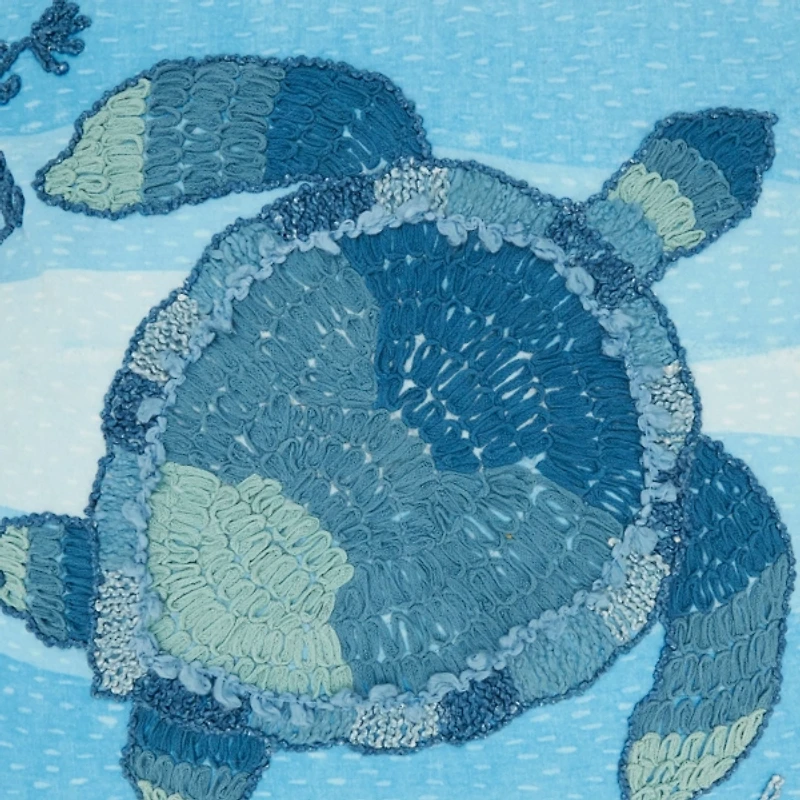 Blue Embroidered Sea Turtle Outdoor Pillow