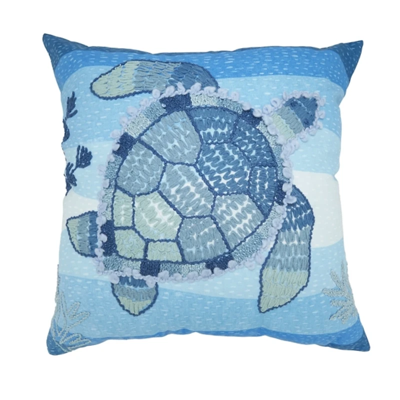 Blue Embroidered Sea Turtle Outdoor Pillow