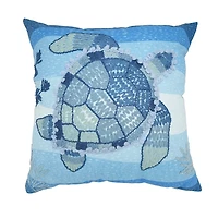 Blue Embroidered Sea Turtle Outdoor Pillow