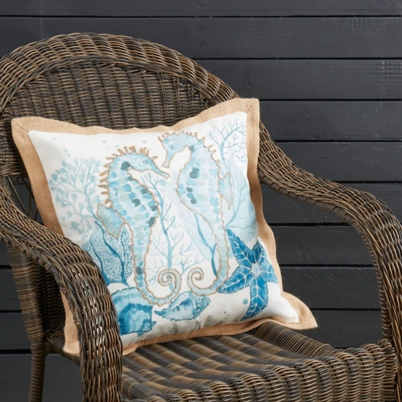 Blue Charming Seahorses Outdoor Pillow