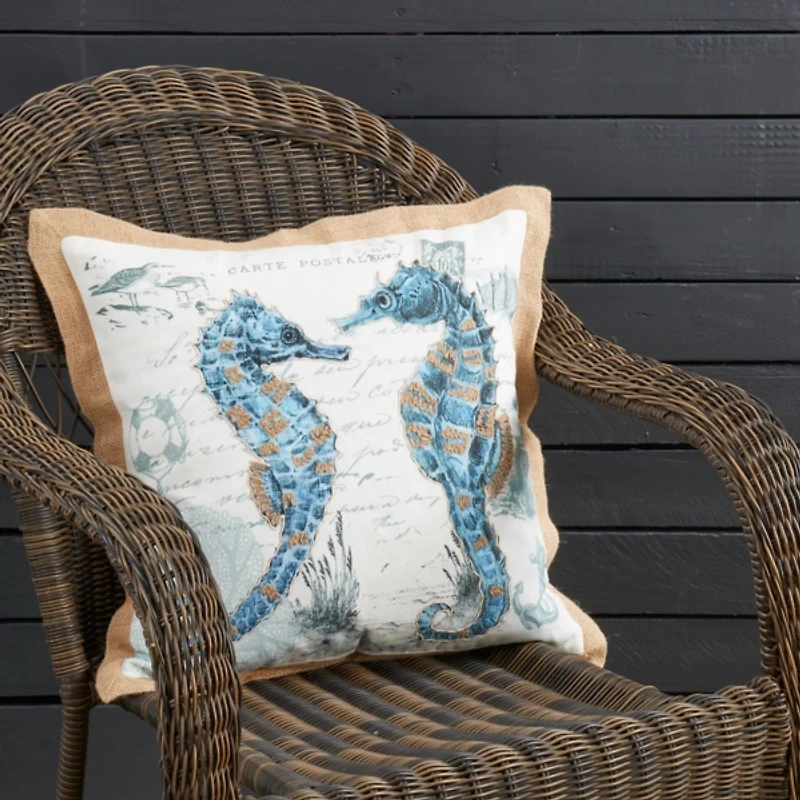 Blue Coastal Seahorse Outdoor Pillow