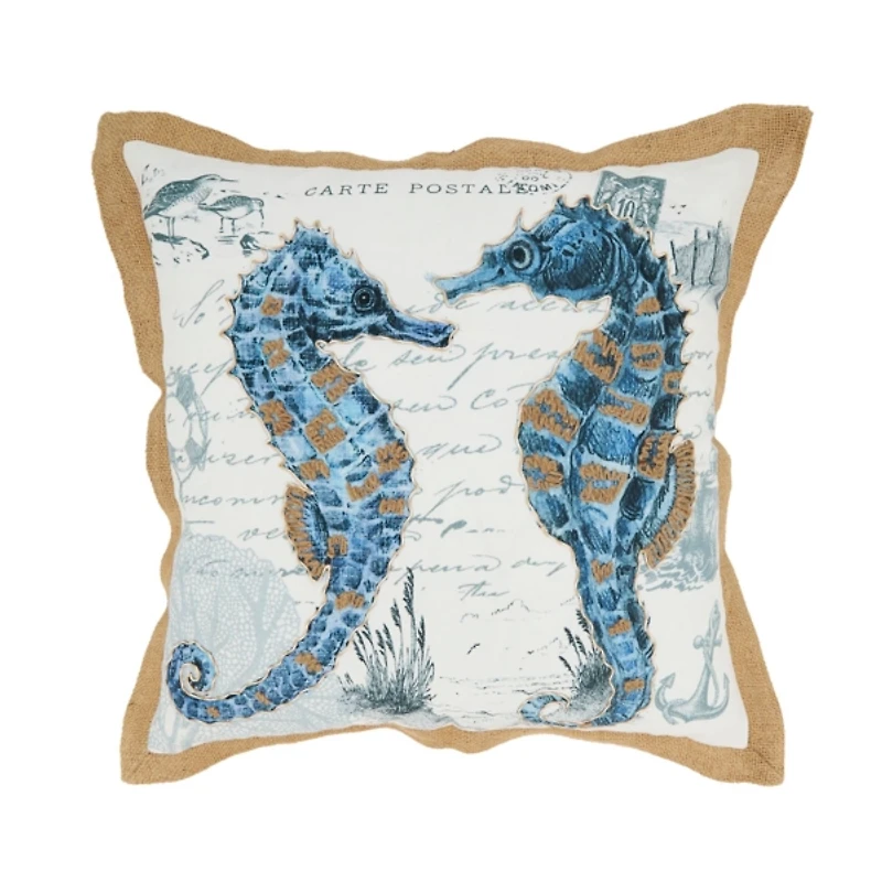 Blue Coastal Seahorse Outdoor Pillow
