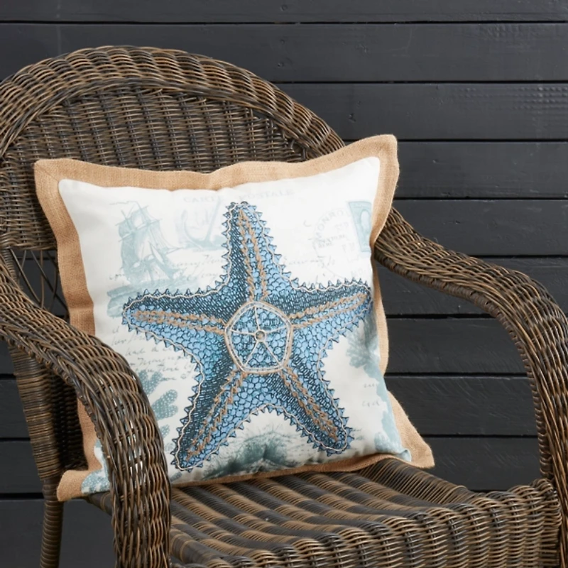 Blue Coastal Starfish Outdoor Pillow