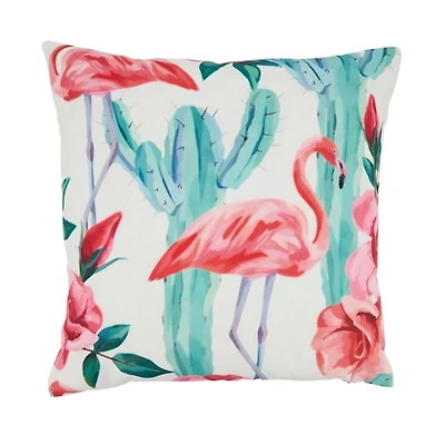 Vibrant Flamingo and Cactus Outdoor Pillow