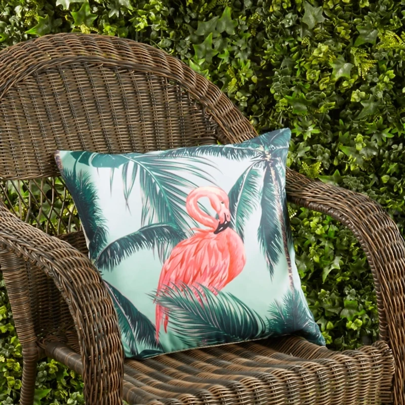 Tropical Flamingo and Palm Trees Outdoor Pillow