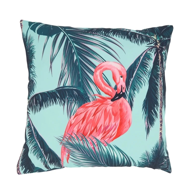 Tropical Flamingo and Palm Trees Outdoor Pillow