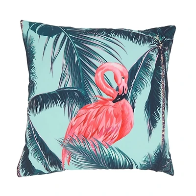 Tropical Flamingo and Palm Trees Outdoor Pillow