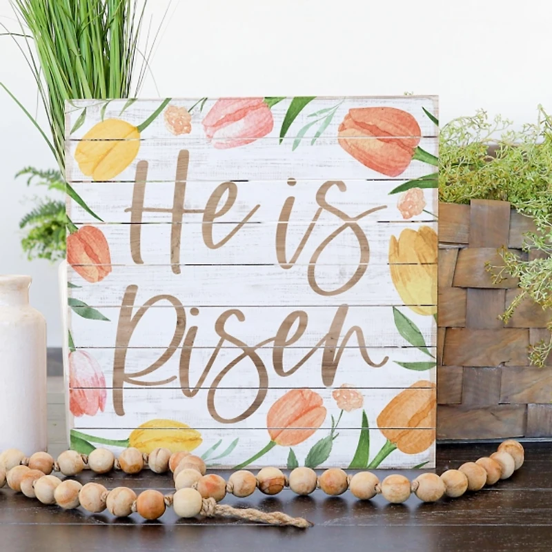 He is Risen Tulips Wood Pallet Art Print