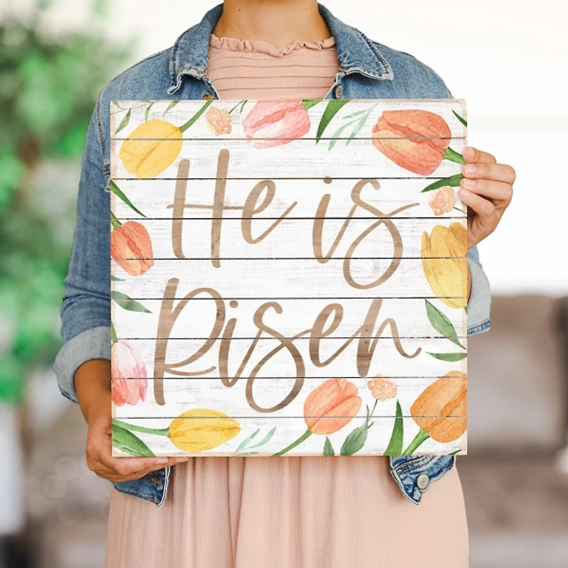 He is Risen Tulips Wood Pallet Art Print