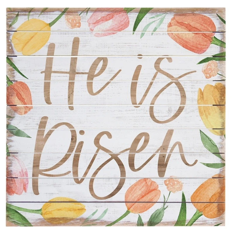 He is Risen Tulips Wood Pallet Art Print