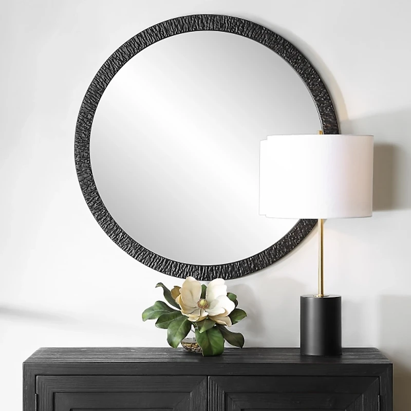 Black Textured Round Frame Wall Mirror
