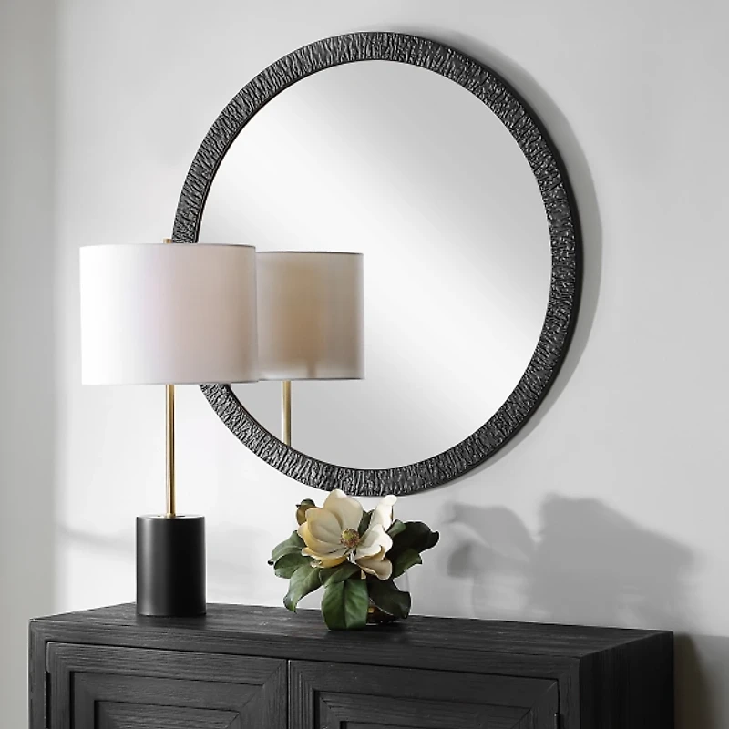 Black Textured Round Frame Wall Mirror