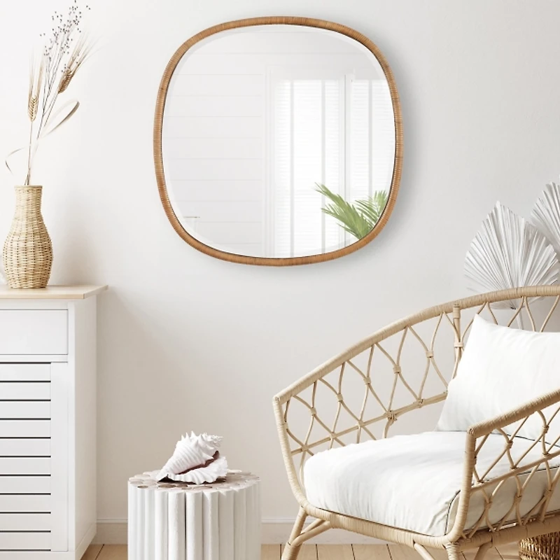 Natural Rattan Round Frame Beveled Wall Mirror