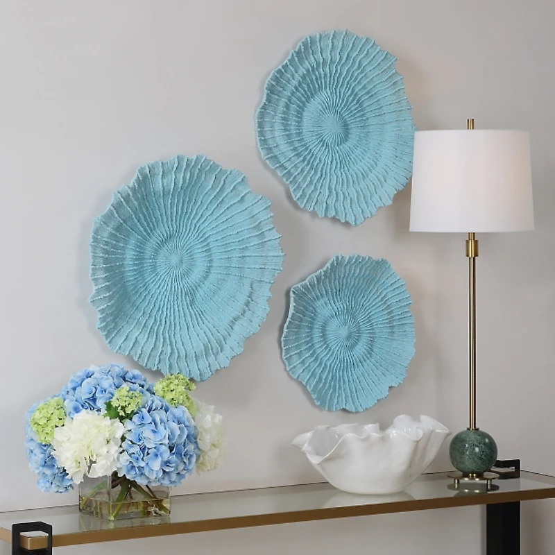 Ocean Blue Coral Wall Plaques, Set of 3