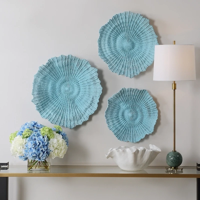 Ocean Blue Coral Wall Plaques, Set of 3