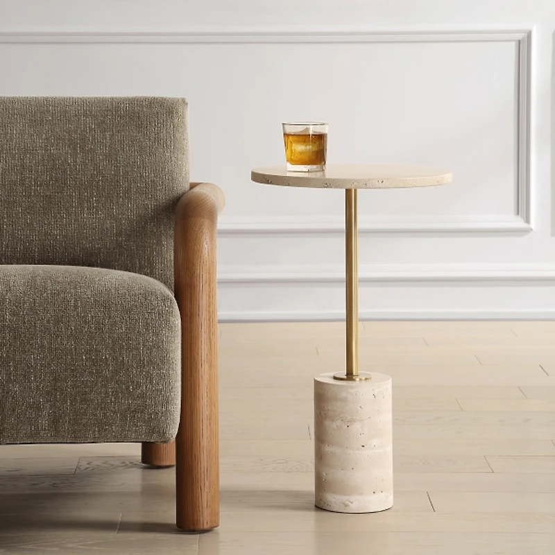 Travertine and Brass Metal Round Accent Table