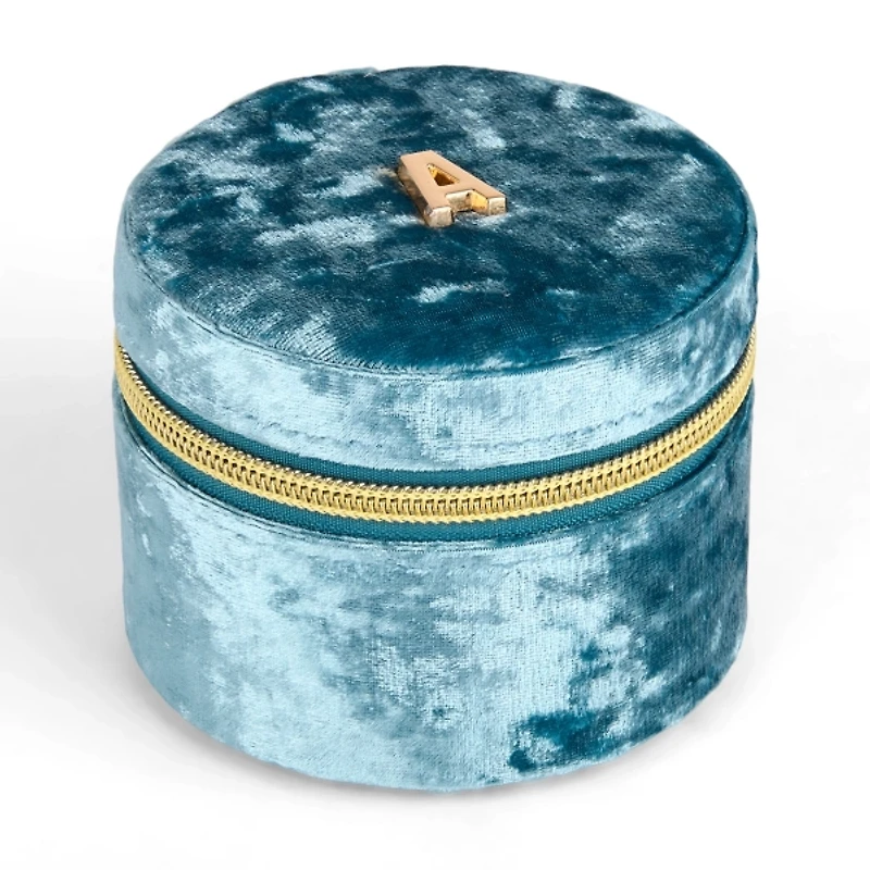 Round Blue Velvet Monogram A Jewelry Box