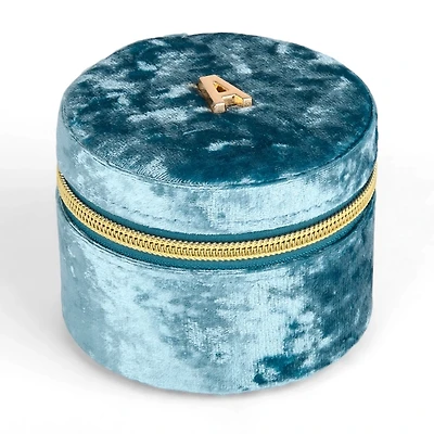 Round Blue Velvet Monogram A Jewelry Box