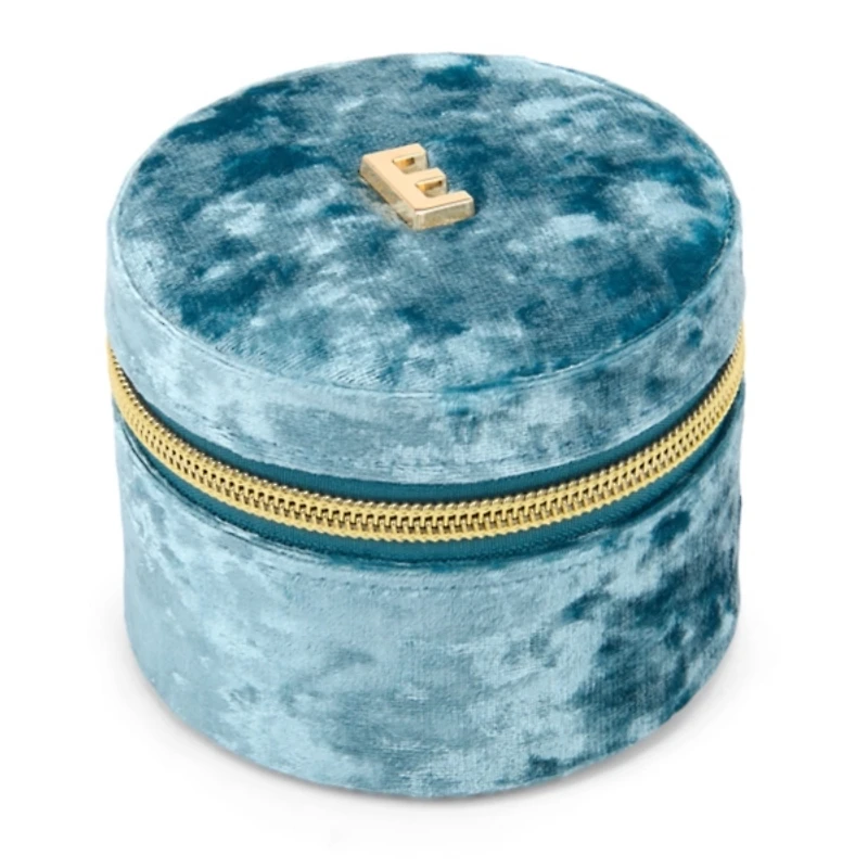 Round Blue Velvet Monogram E Jewelry Box