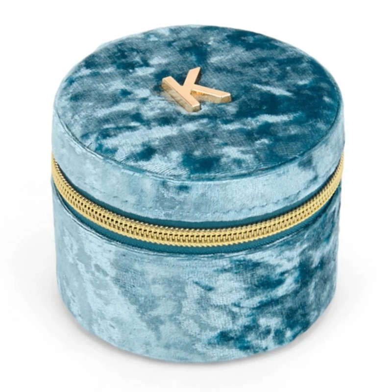 Round Blue Velvet Monogram K Jewelry Box