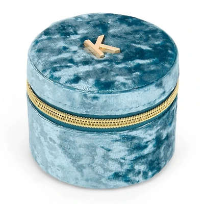 Round Blue Velvet Monogram K Jewelry Box