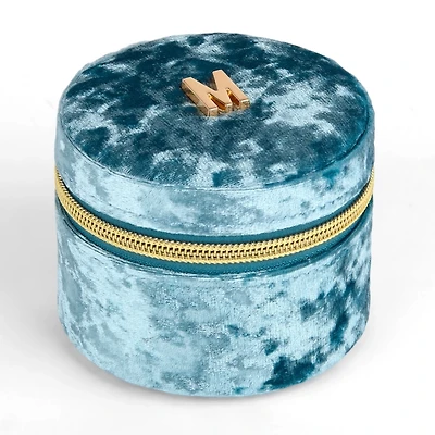 Round Blue Velvet Monogram Jewelry Box