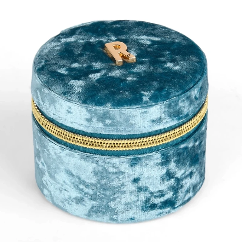 Round Blue Velvet Monogram R Jewelry Box