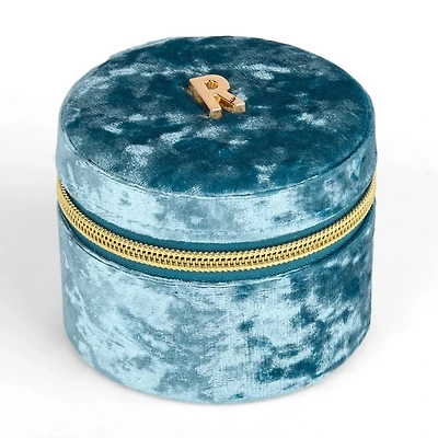 Round Blue Velvet Monogram R Jewelry Box