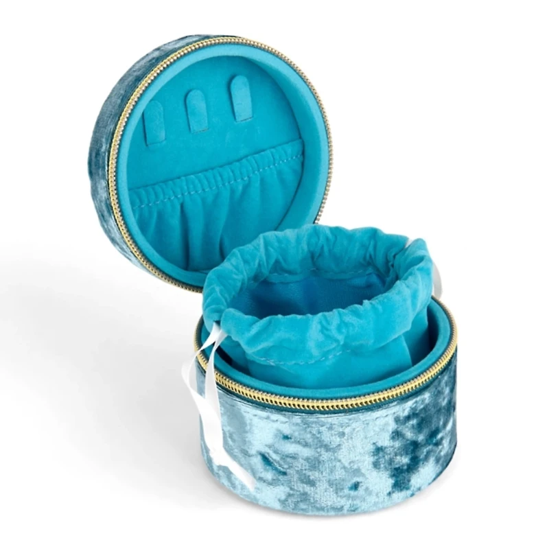 Round Blue Velvet Monogram T Jewelry Box